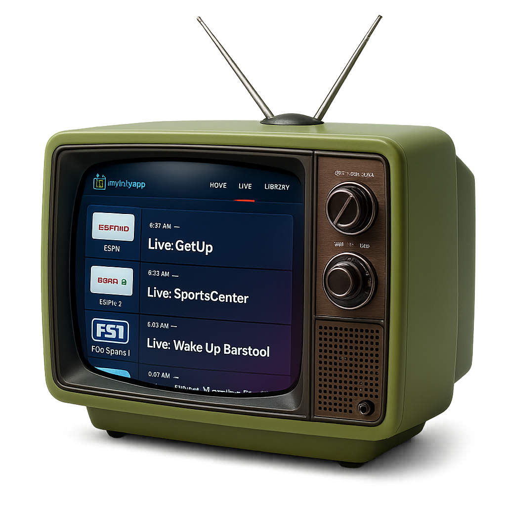 Neon-lit TV guide showing AI-organized channels and live recommendations